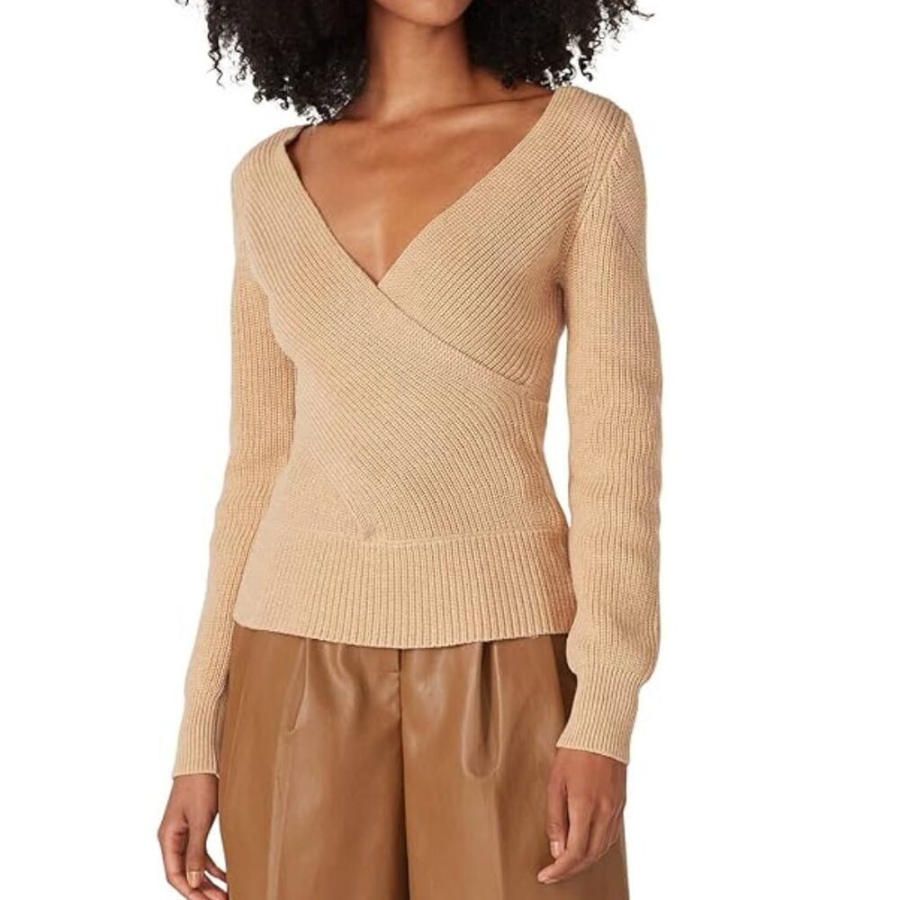 Tome Collective Long Sleeve Cross Over Bodice Wool Beige Solid Knit Sweater Top